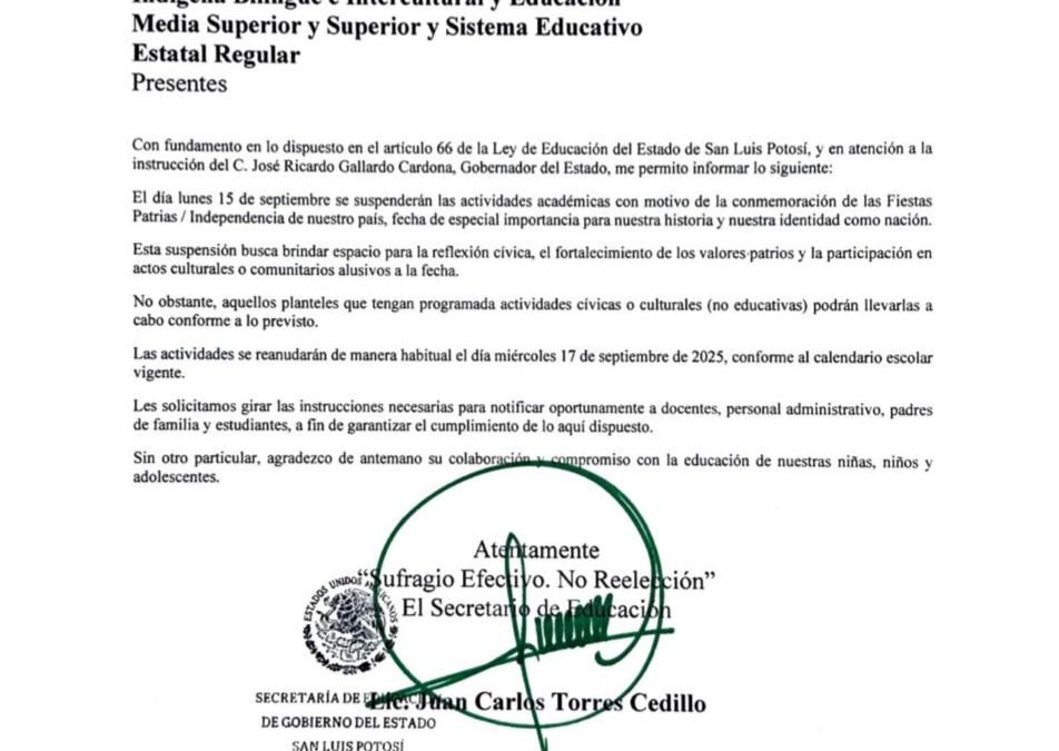 GOBIERNO ANUNCIA SUSPENSIÓN DE CLASES EL 15 DE SEPTIEMBRE